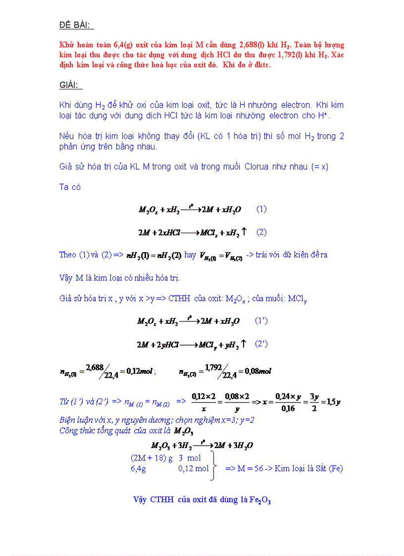 Bài toán khử oxit kim loại M bằng Hiđro