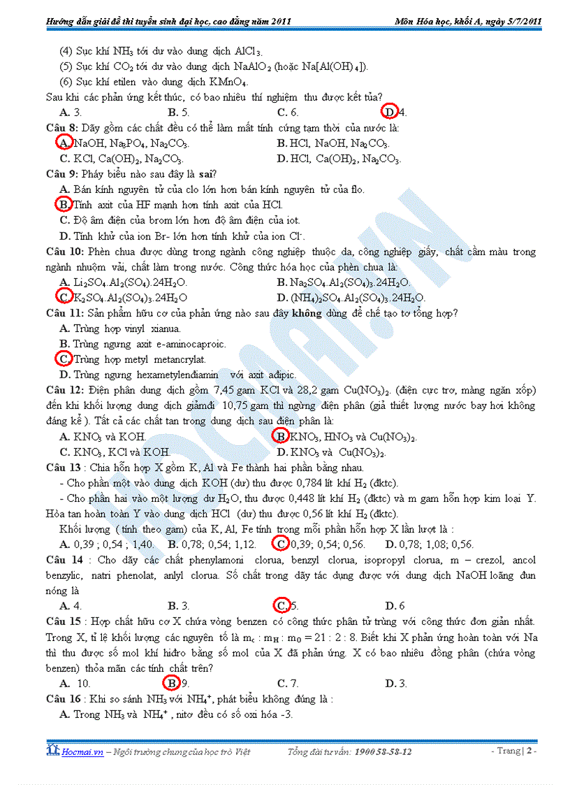 image for page Đáp án môn hoá thi đh khối a năm 2011