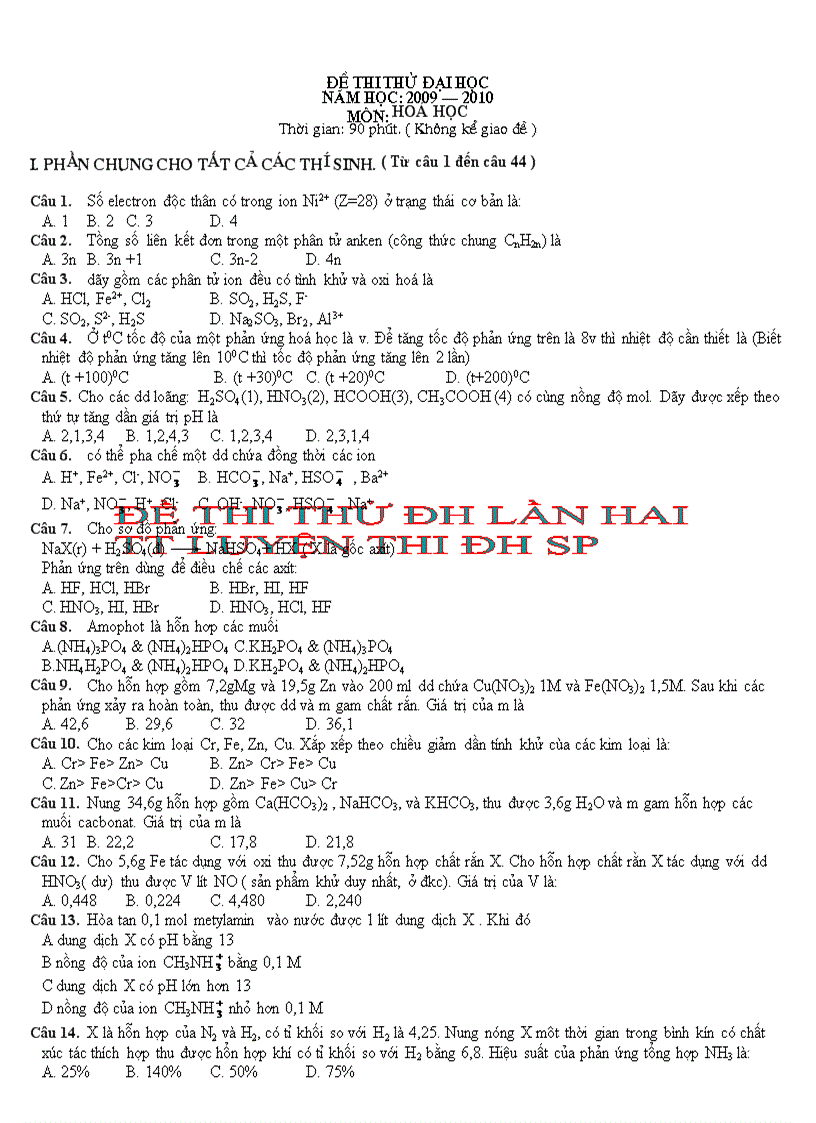 image for page Đề thi thử đại học môn hóa lần 2