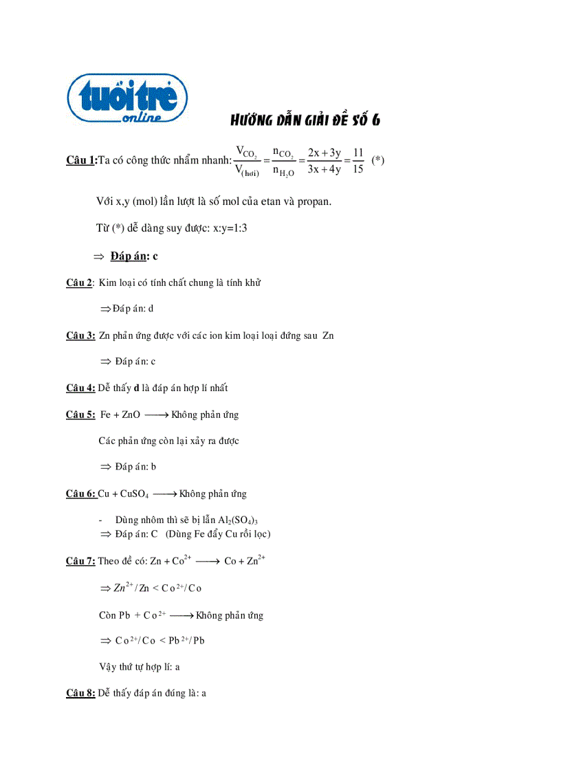 Hóa Đại học cao đẳng Đáp án đề 6
