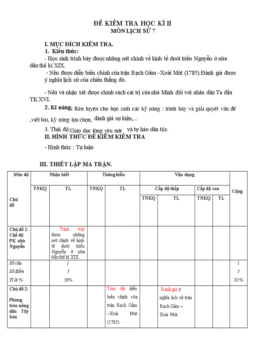 image for page Đề kiểm tra HK II Lịch sử 7 Ma trận