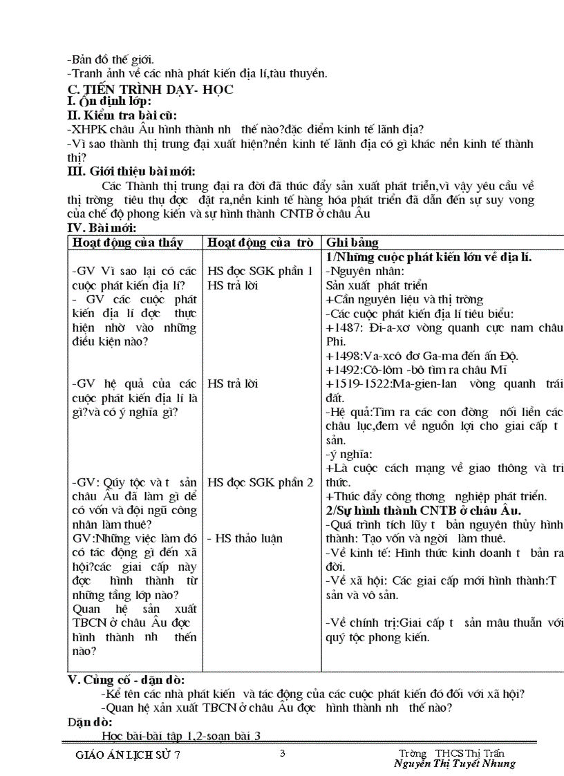 Giáo án sử 7 theo ctgt 3 cột