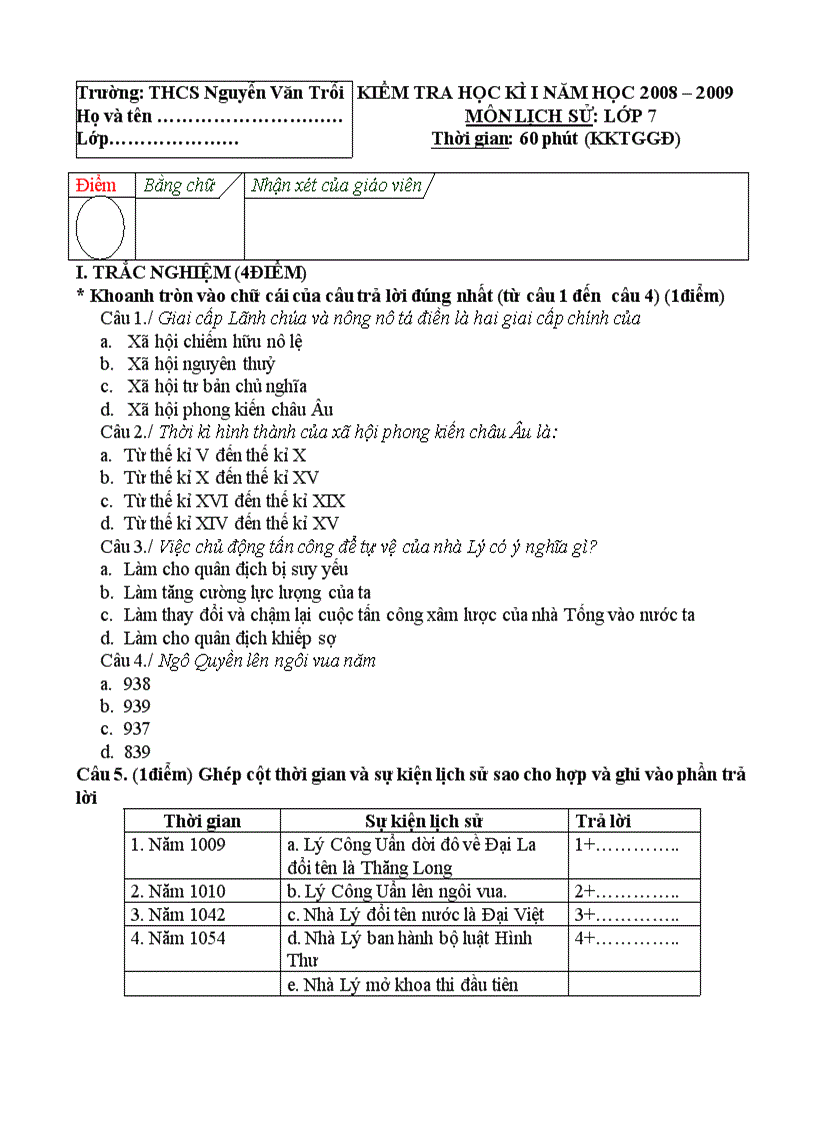 Ma trận đề đáp án lịch sử 7 HKI 2008 2009