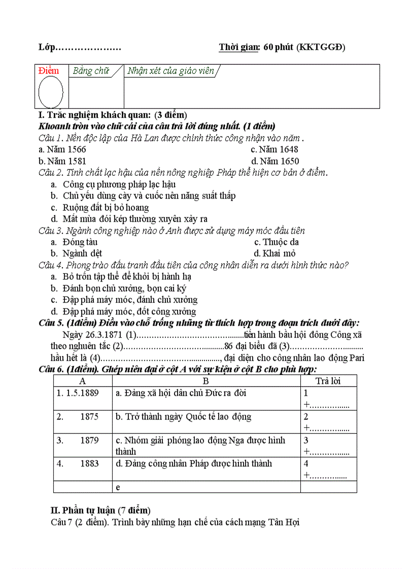 image for page Ma trận đề đáp án lịch sử 7 HKI 2008 2009