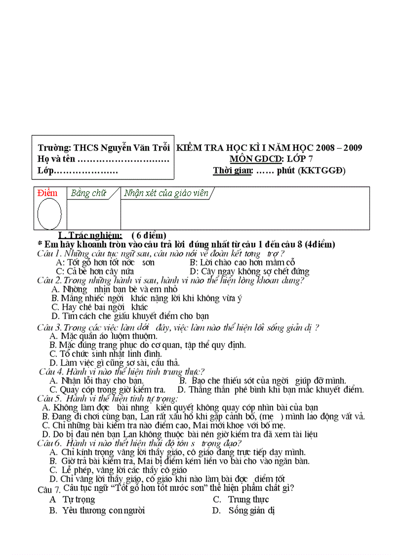 image for page Ma trận đề đáp án lịch sử 7 HKI 2008 2009