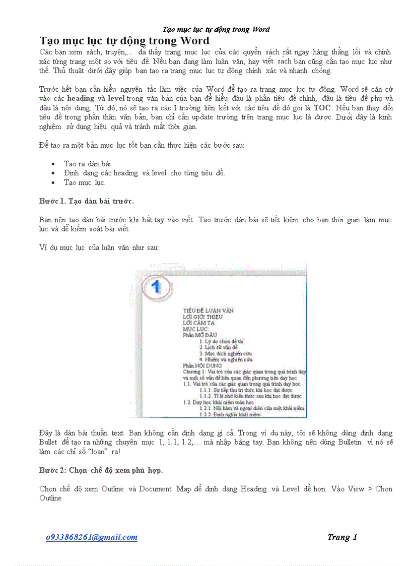 image for page Tạo mục lục tự động trong word