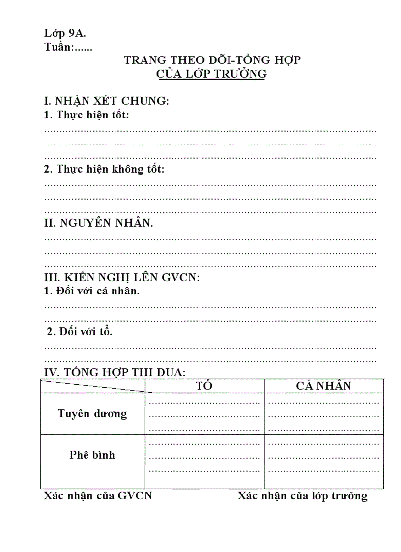 image for page Sổ theo dõi của lớp trưởng lơpa 9