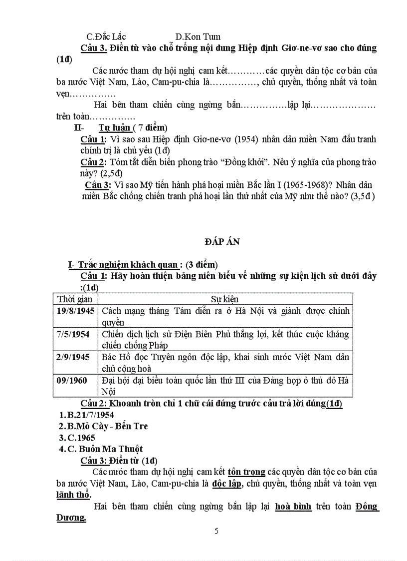 10 Đề Đáp án Sử vào THPT