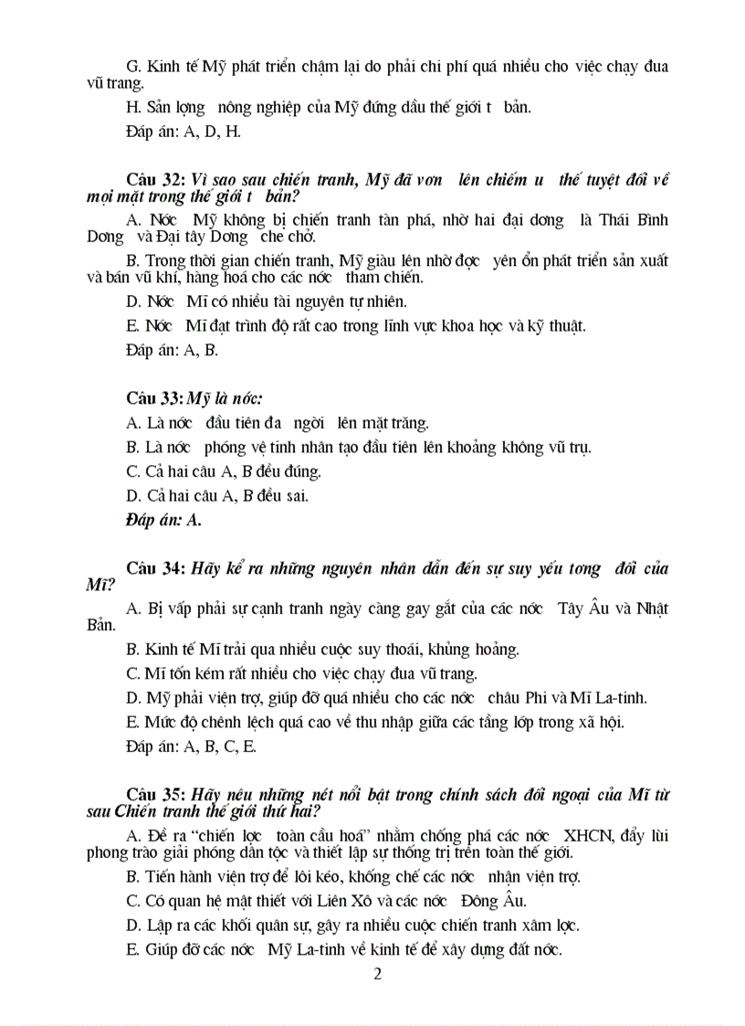 Bài tập trắc nghiệm Sử 9 Sử thế giới Phần 2