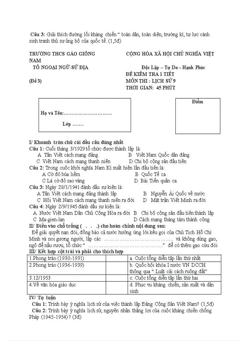 image for page Đề KT 1 tiết HKII Sử 9