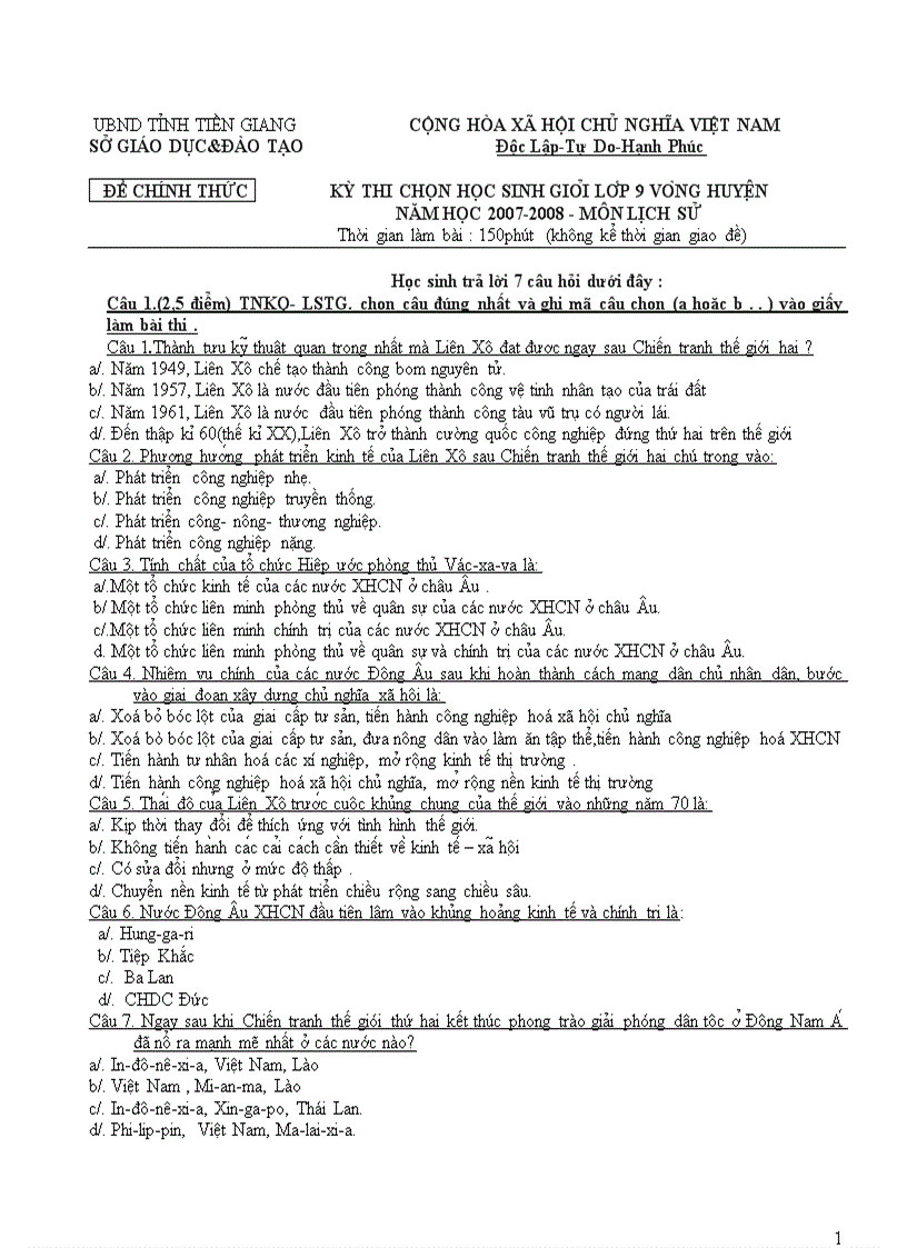image for page Đề thi đáp án thi chọn HSG cấp huyện môn lịch sử lớp 9 năm 2007 2008