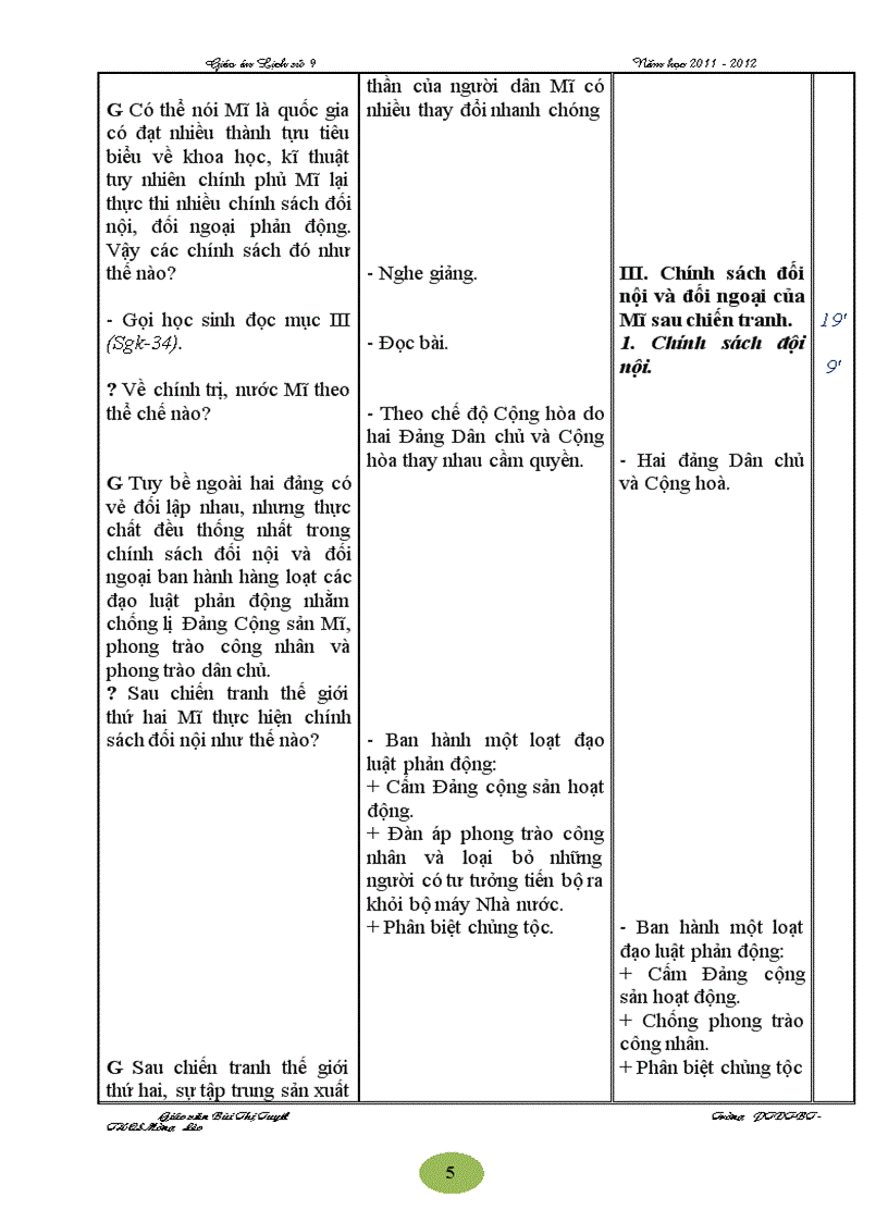 Giáo án lịch sử 9 năm học 2011 2012 t 10