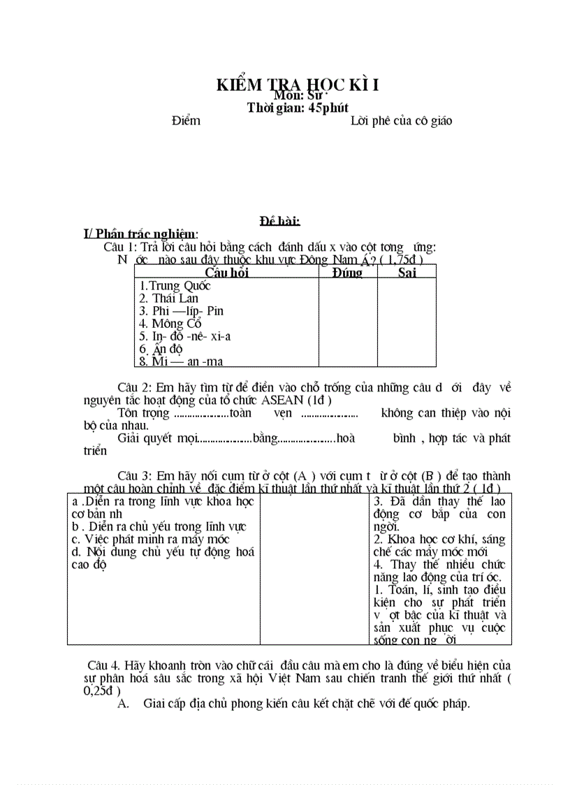 Kiểm tra lịch sử 9 học kì i