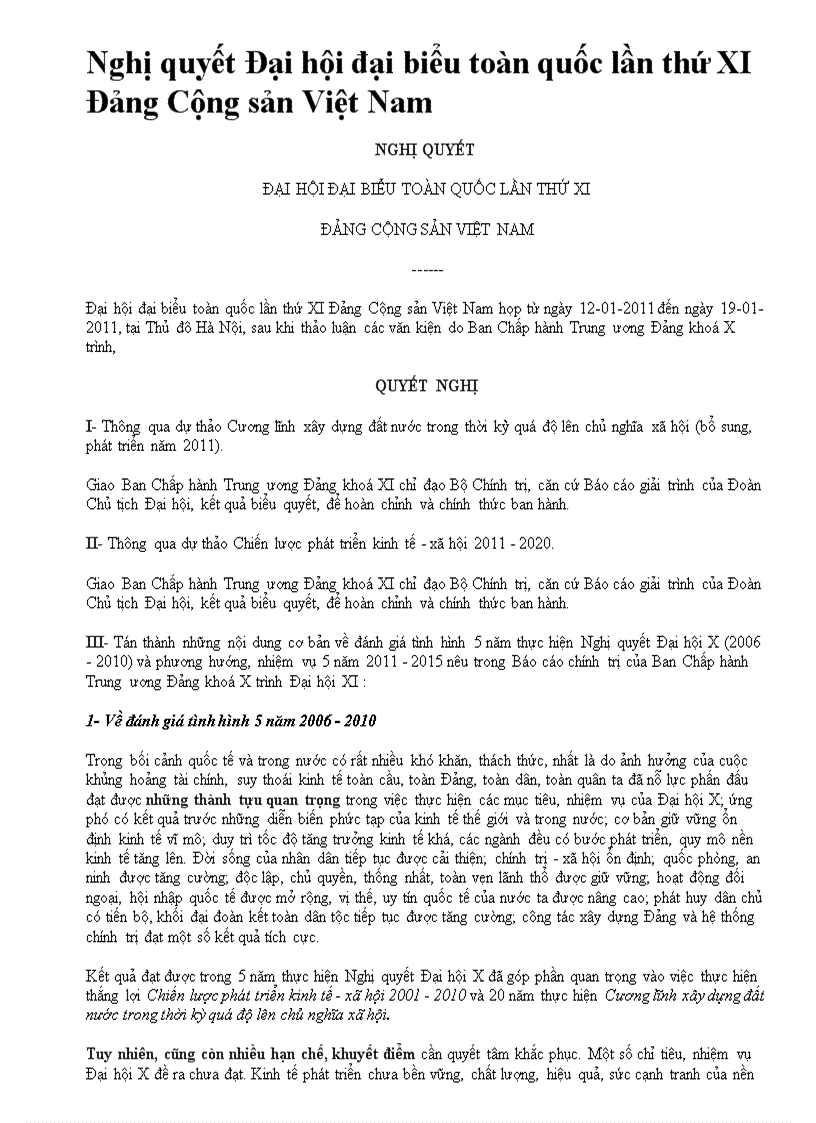 image for page Nghị quyết Đại hội Đảng lần thứ XI