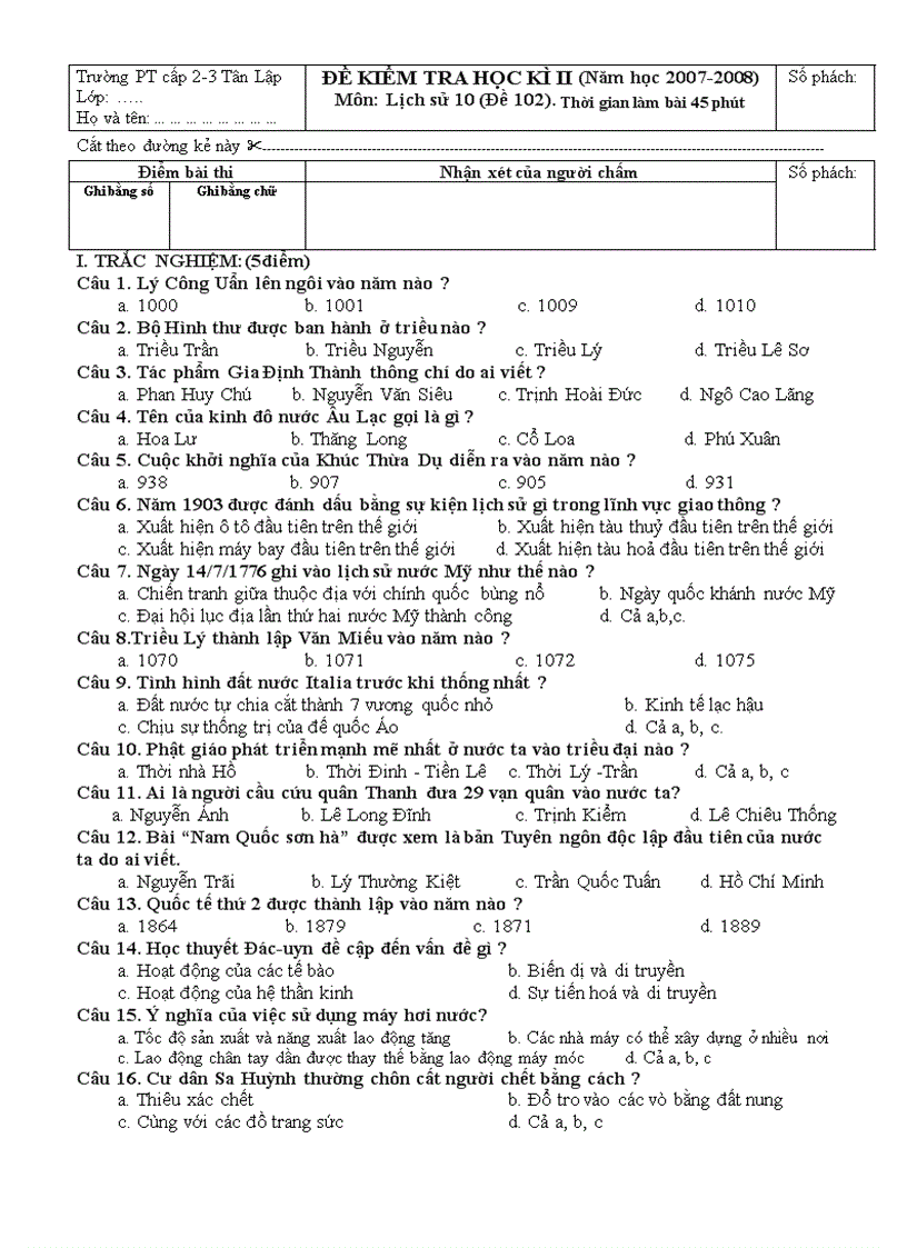 image for page Đề thi học kì II Sử 10 Cơ bản