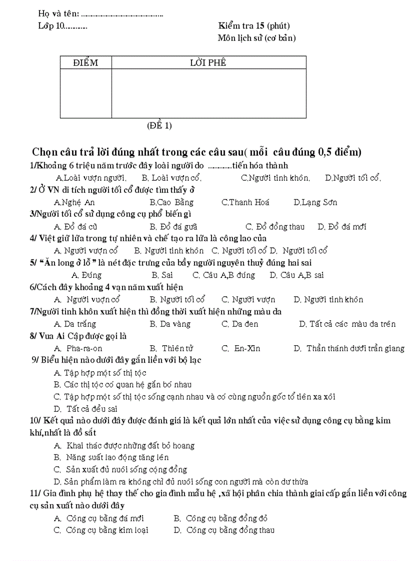 Kiểm tra 15 phút sử 10 cb