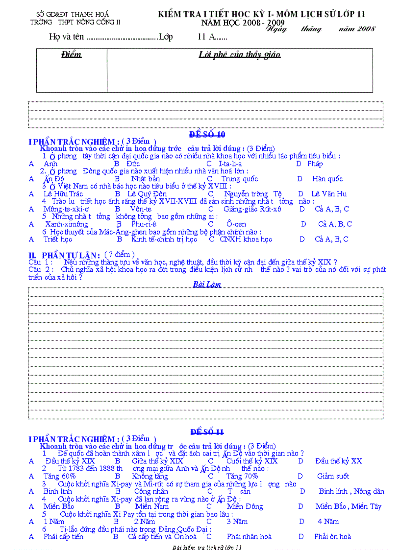 image for page Bài KT 1 tiết lịch sử lớp 11 HKI