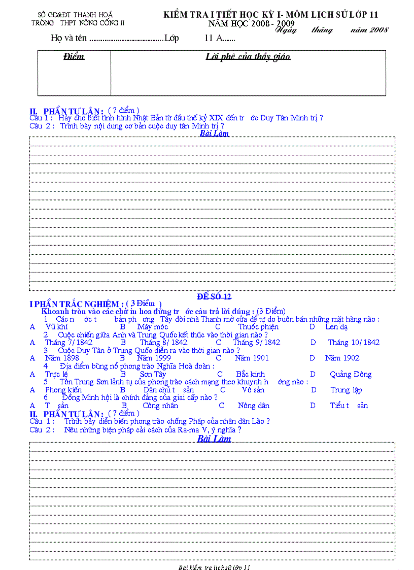 image for page Bài KT 1 tiết lịch sử lớp 11 HKI