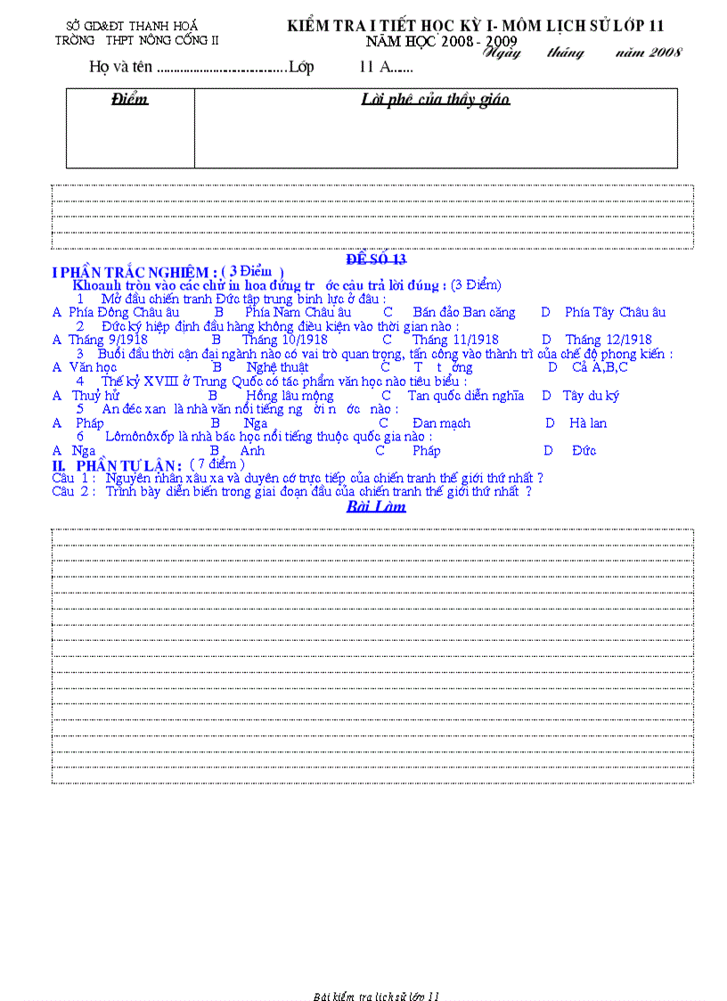 image for page Bài KT 1 tiết lịch sử lớp 11 HKI