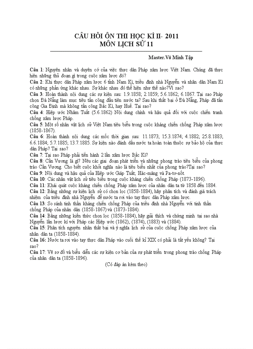 image for page Câu hỏi ôn thi HKII Lịch sử 11