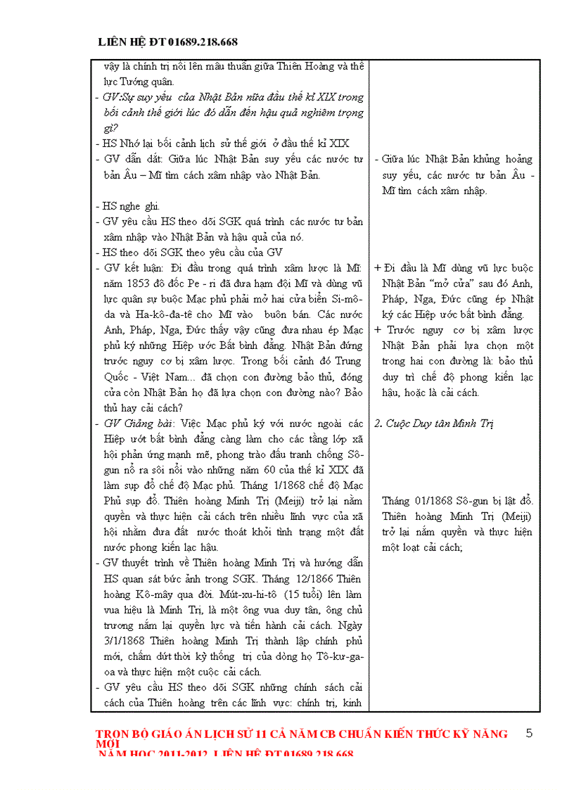 Giáo án lịch sử 11 theo chuẩn của sở GD ĐT Phú Thọ