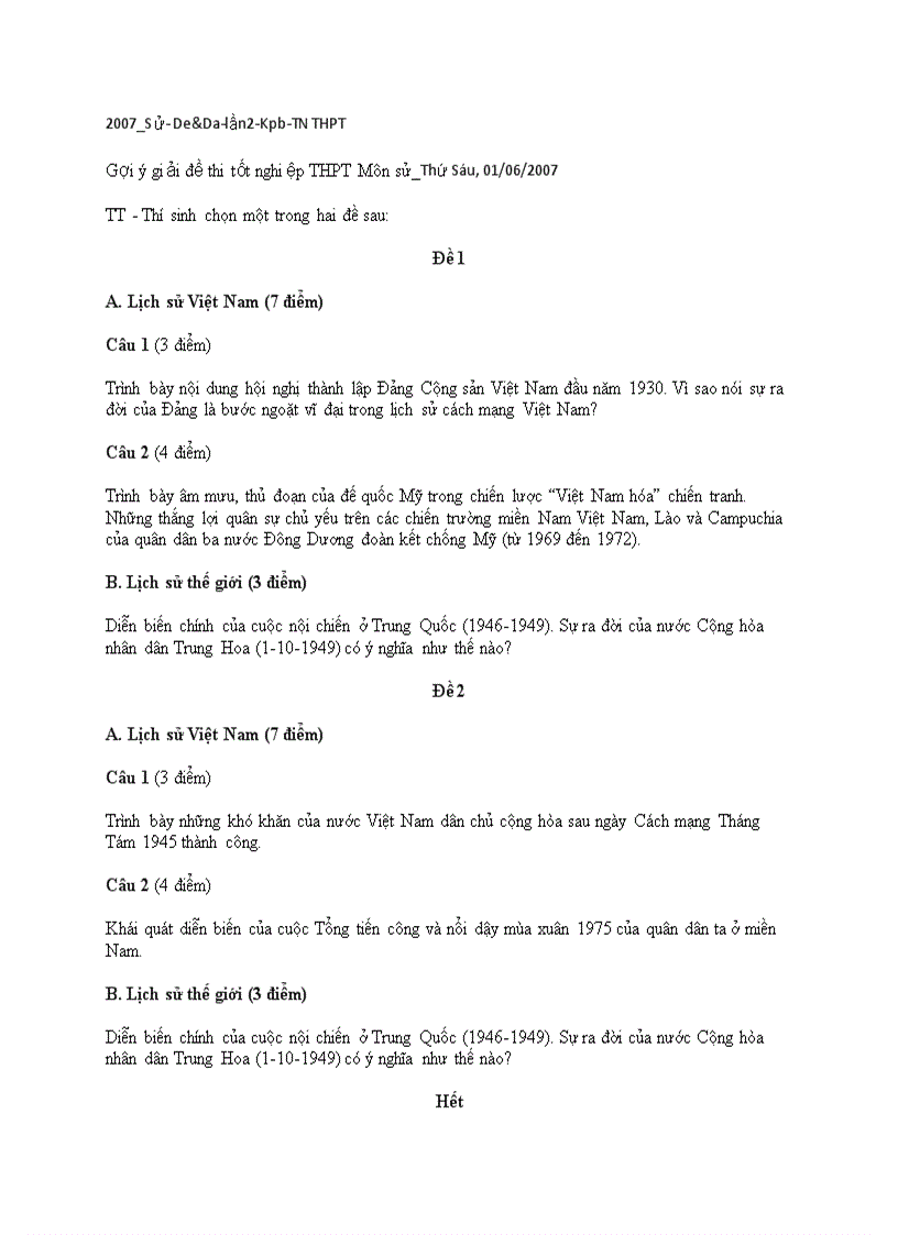 image for page 2007 Sử De Da lần2 Kpb TN THPT