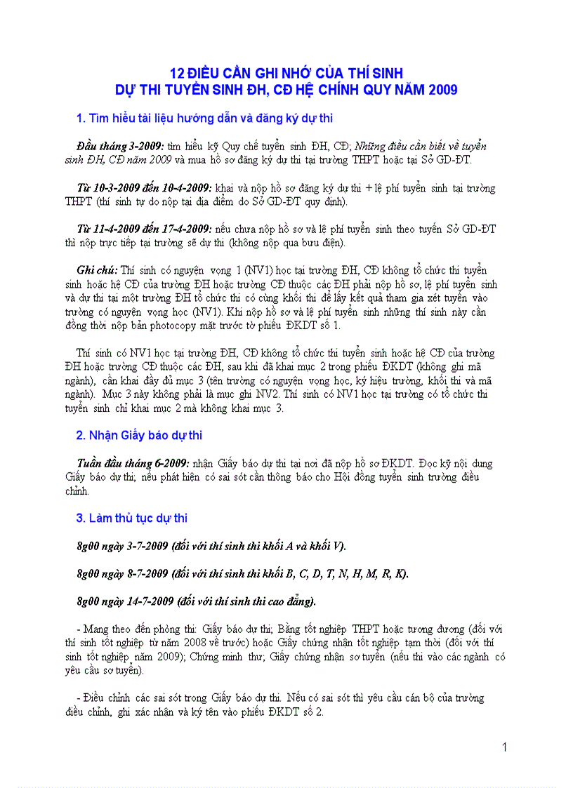 image for page 12 điều cần nhớ của thí sinh khi thi TNPT năm 2009