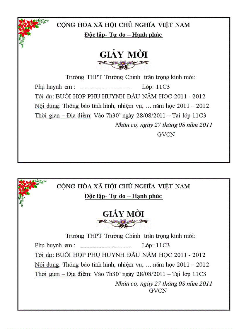 Giấy Mời Họp Phụ Huynh