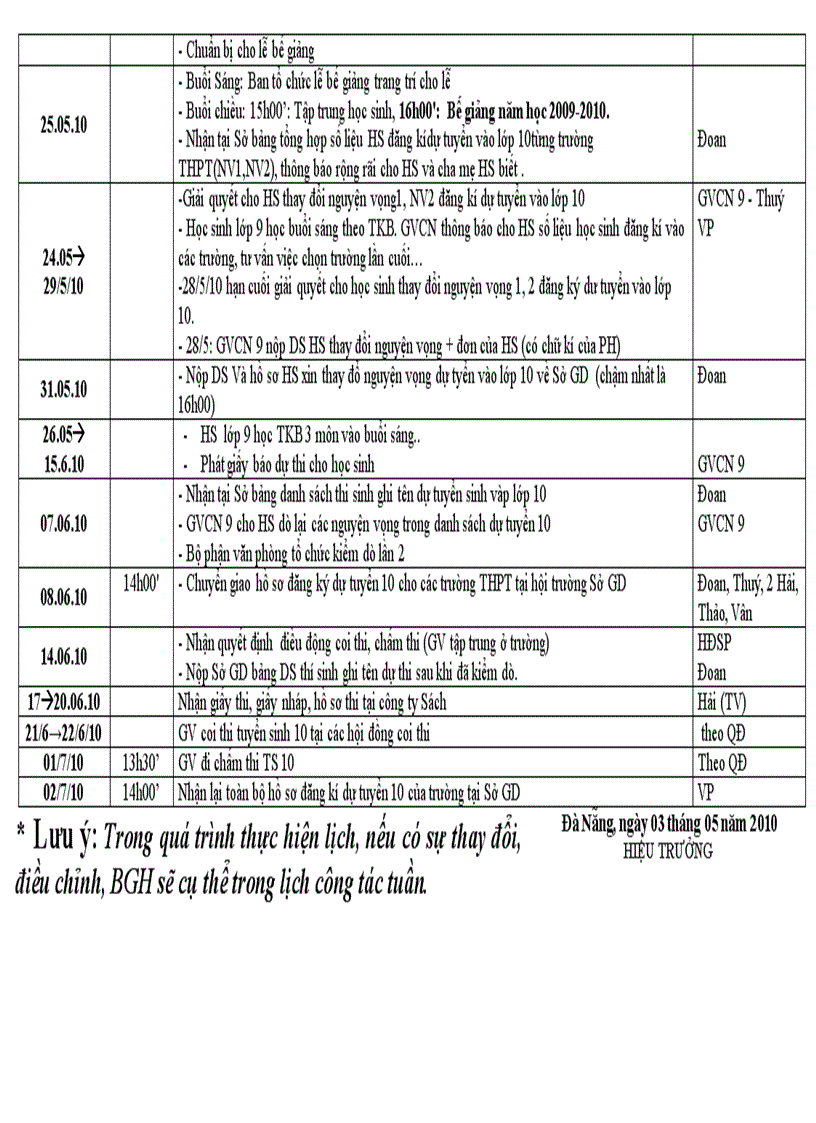 Lịch công tác tháng 5 2010