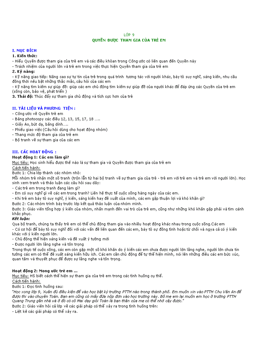 image for page QUYỀN ĐƯỢC THAM GIA CỦA TRẺ EM Lớp 9