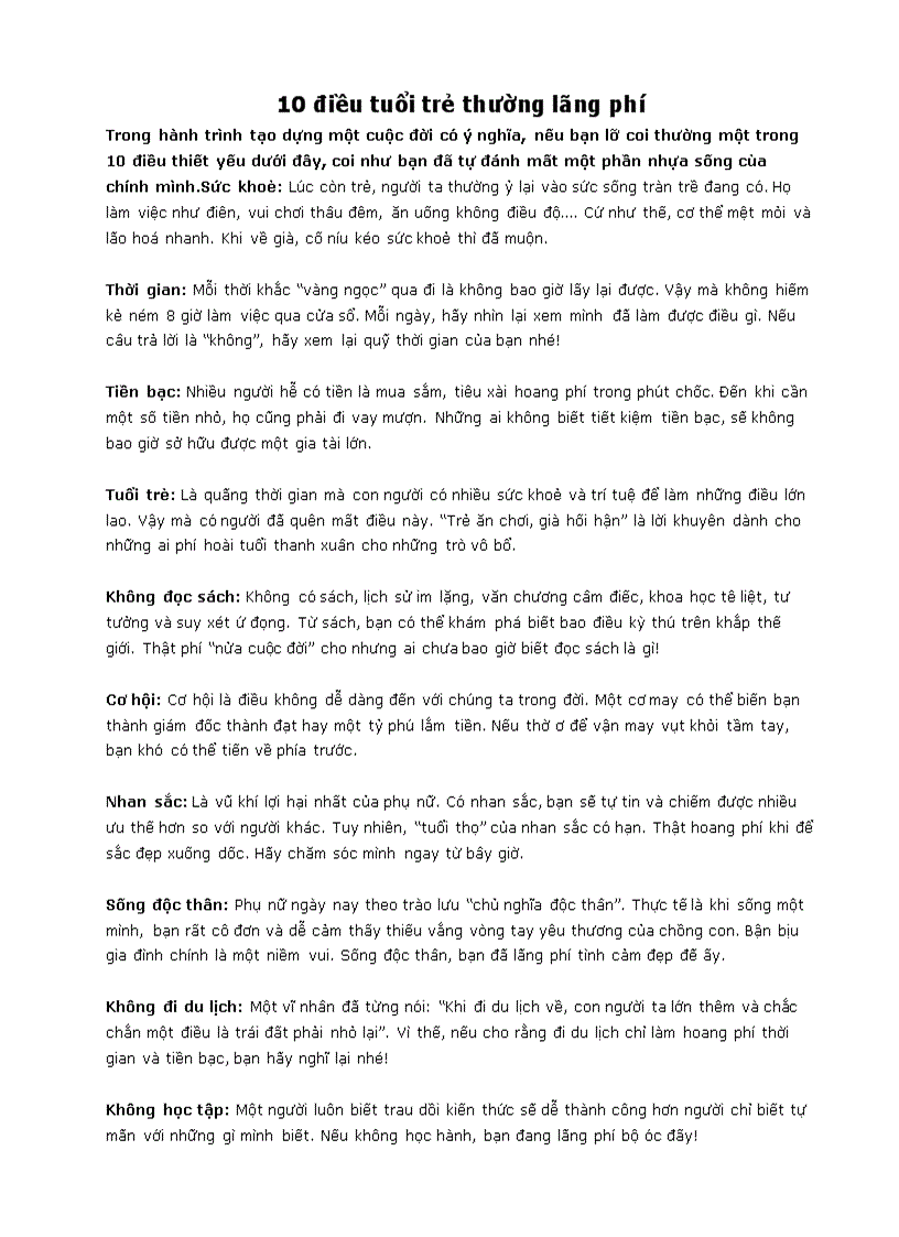 image for page 10 điều tuổi trẻ thường lãng phí