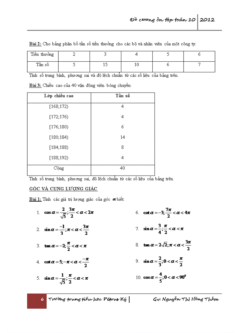 Ôn tập học kì 2 toán 10 CB