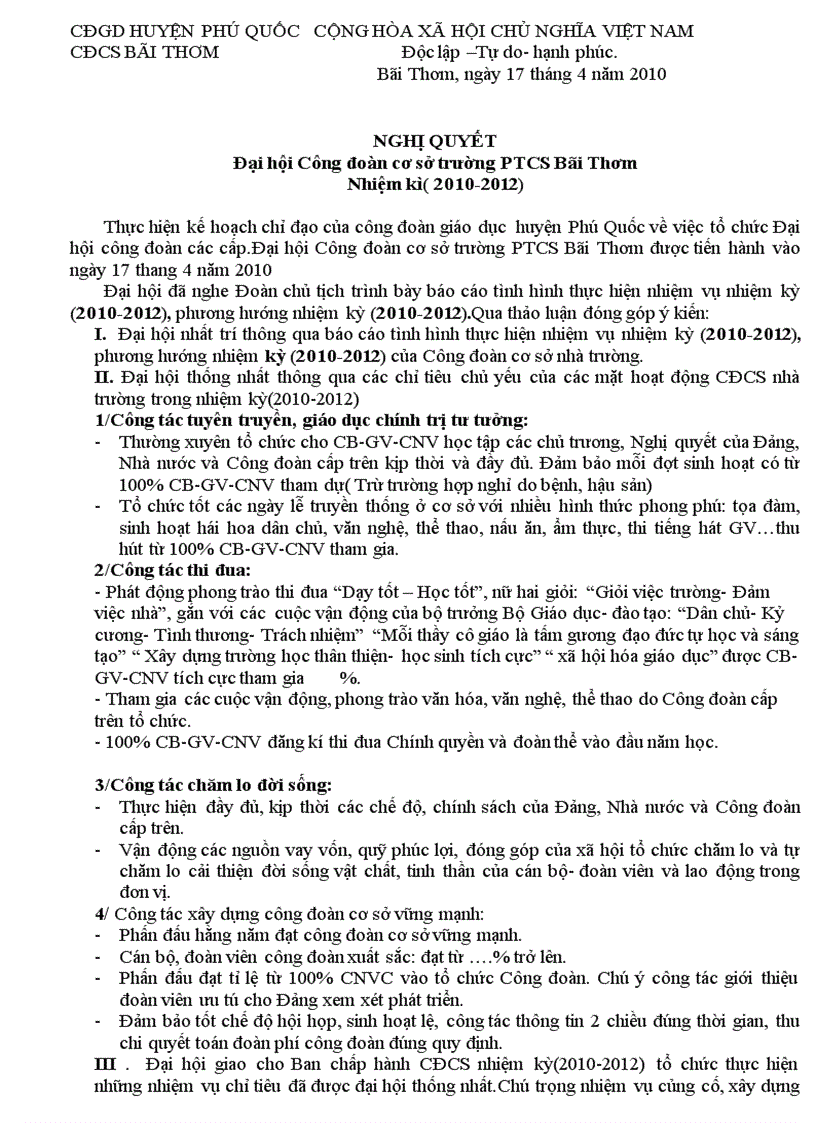 image for page NGHỊ QUYẾT Đại hội công đoàn cơ sở 2010 2012