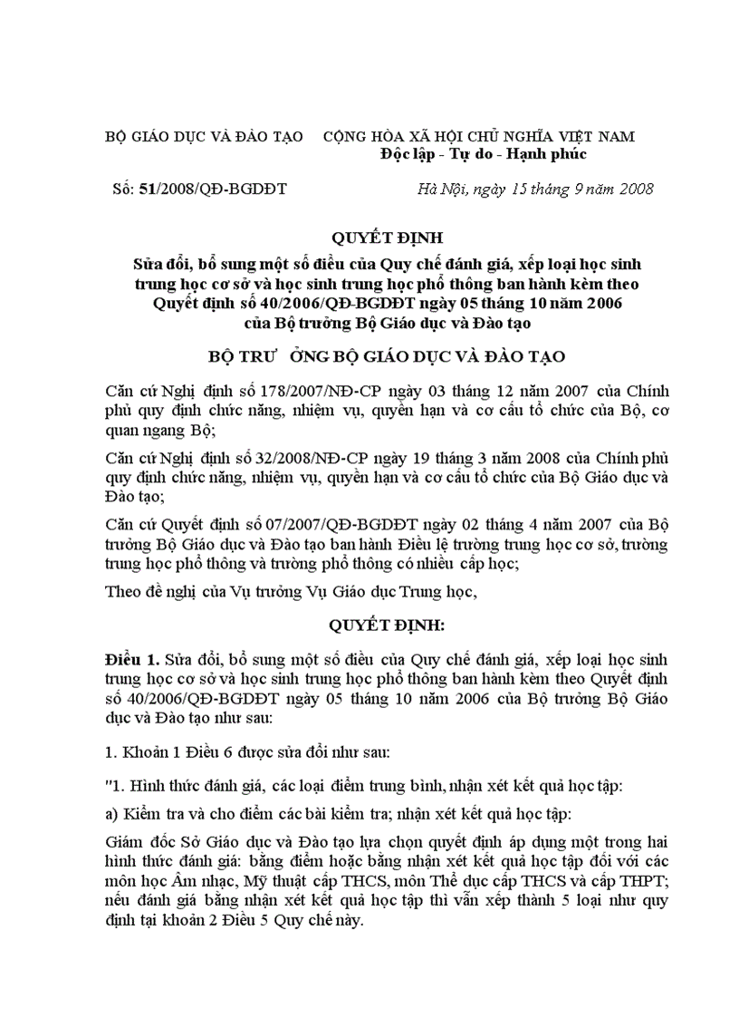 image for page TT 40 và TT51 về đánh giá xếp loại HS