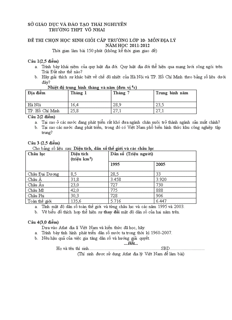 Đề ktra HSG địa li 10