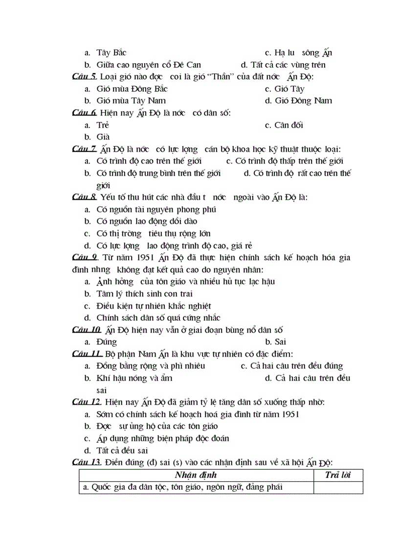 image for page Ngân hàng câu hỏi trắc nghiệm đl 11 phần 3