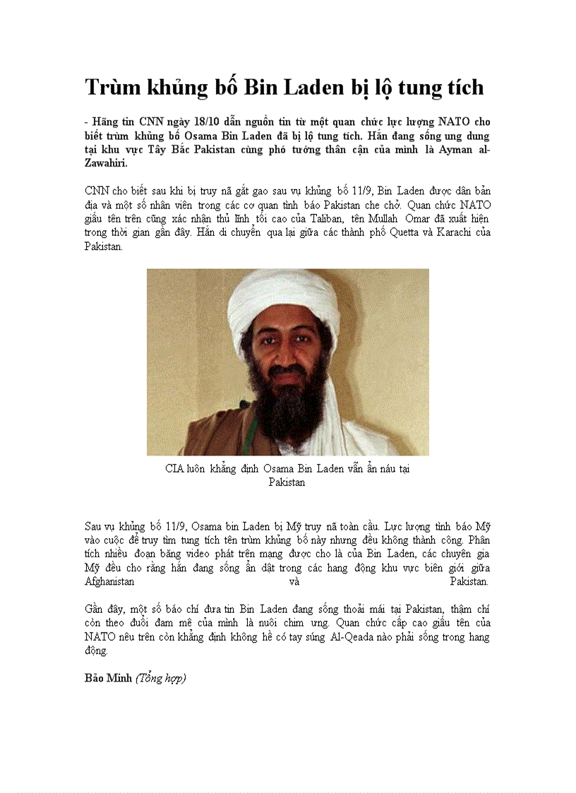 Trùm khủng bố Bin Laden bị lộ tung tích