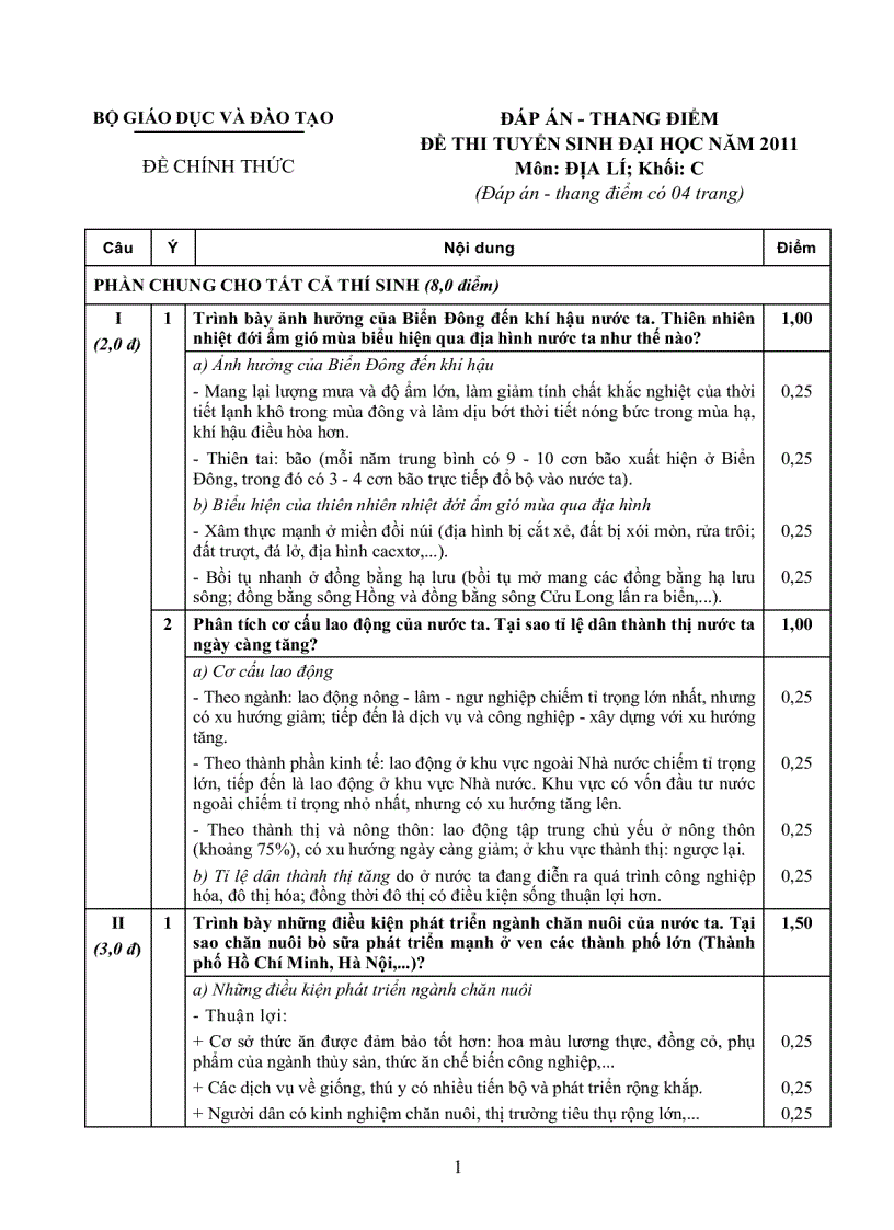 image for page Đáp án chính thức Địa khối C