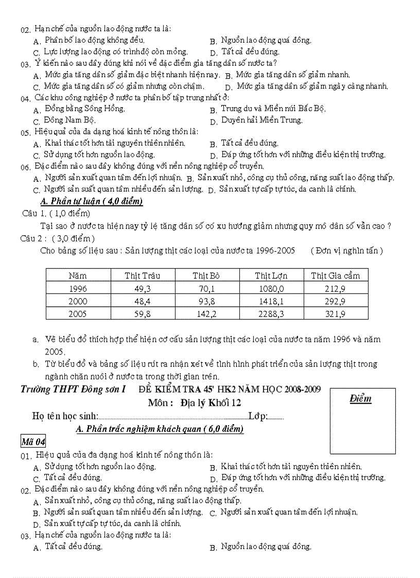 image for page Đề KT 45 HK2 K12 Đáp án 08 09