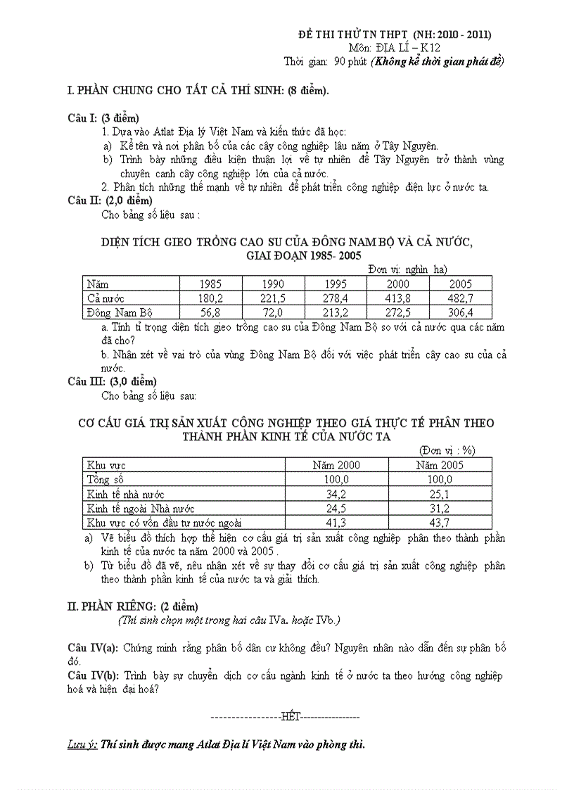 Đề thi thử đáp án tn thpt 2011