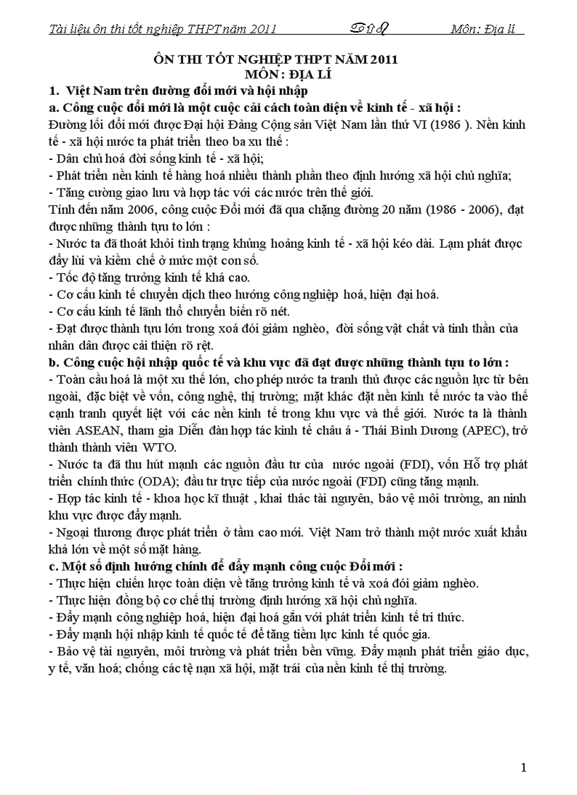 image for page Tài liệu ôn thi TN THPT 2011 Môn Địa lí P1