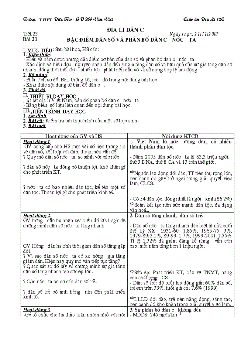 image for page Tiết 23 Dân số và sự phân bố DCư 12 ban KHXHNV