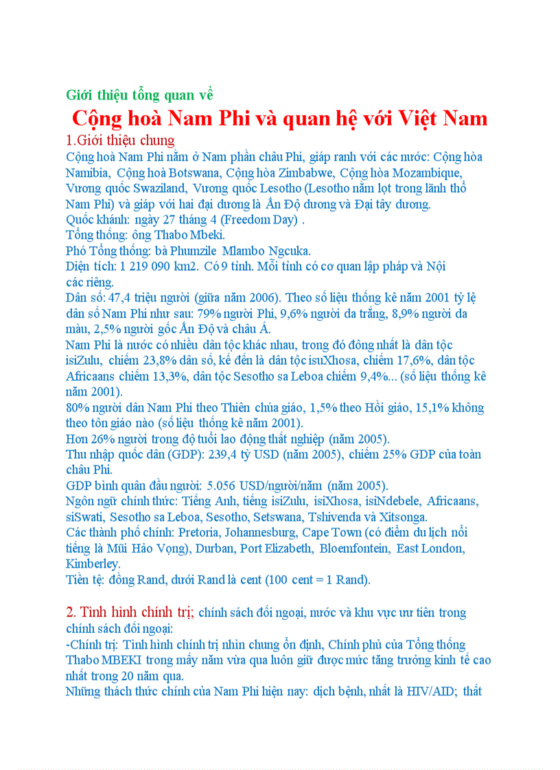 Tổng quan về Nam phi quan hệ Việt nam và Nam phi