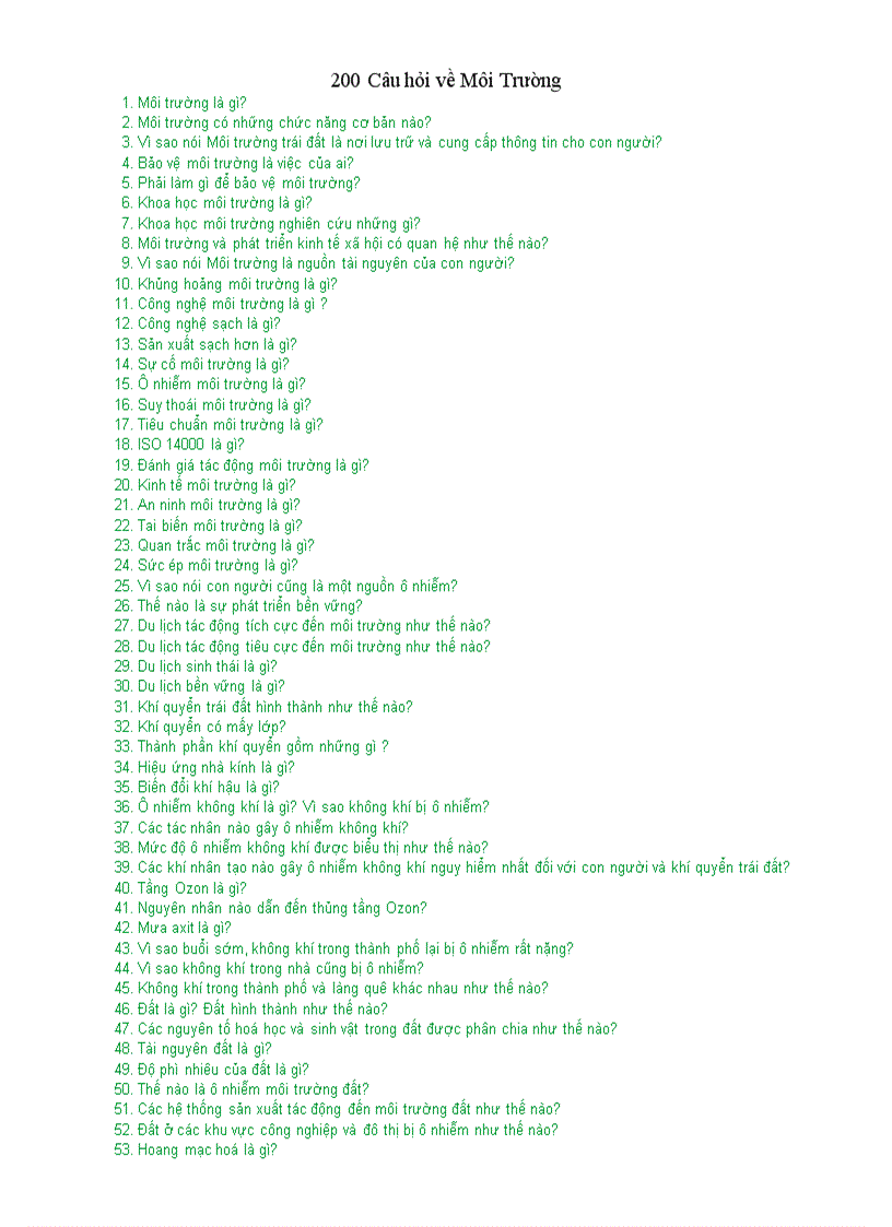 image for page 200 Câu hỏi về Môi Trường