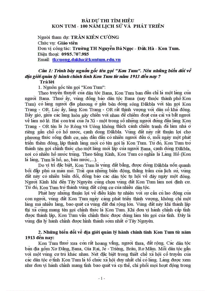 image for page Bài dự thi Kon Tum 100 năm Lịch sử và phát triển