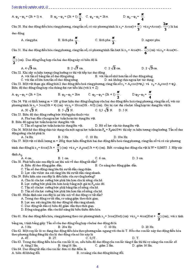 Bài tạp trác nghiệm vật lý 12