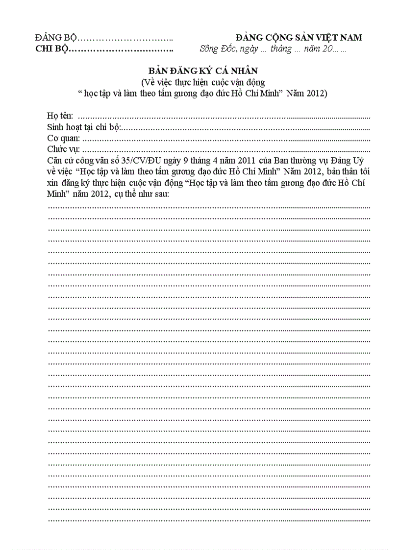 image for page Bản đăng ký cá nhân làm theo Bác