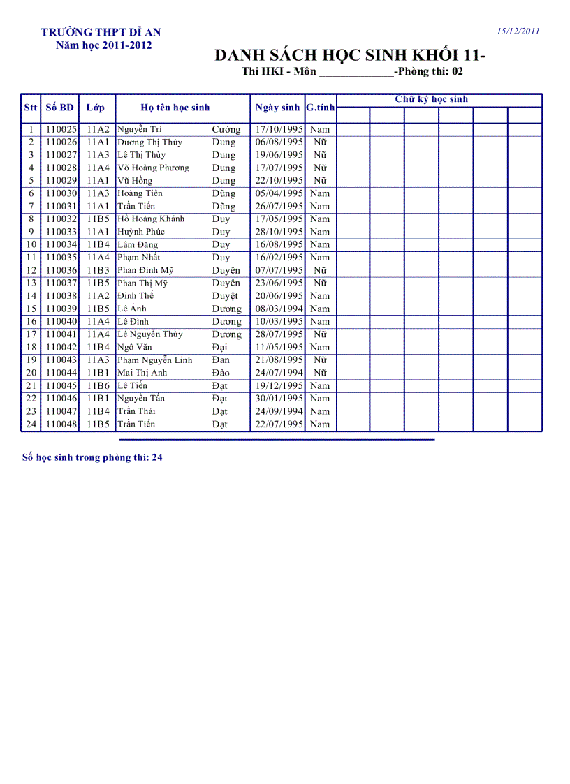 image for page Danh sách phòng thi Khối 11