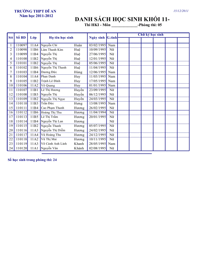image for page Danh sách phòng thi Khối 11