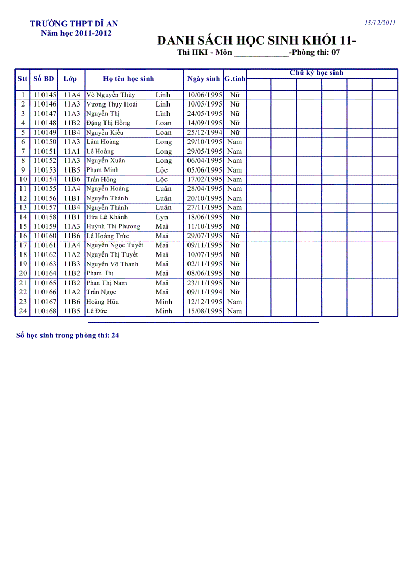image for page Danh sách phòng thi Khối 11